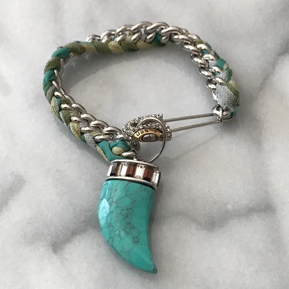 Henri Bendel Turquoise Tone Horn Bracelet - Crystal Pave -Baguette Stones -Chic